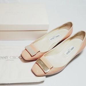 JIMMY CHOO Blush Patent Square Toe Pumps, Size 38